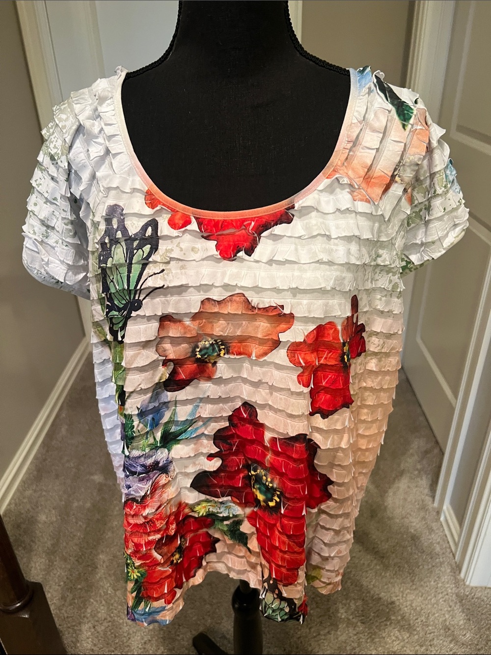 Lane Bryant White Short-Sleeve Ruffle Top with Red Floral Print